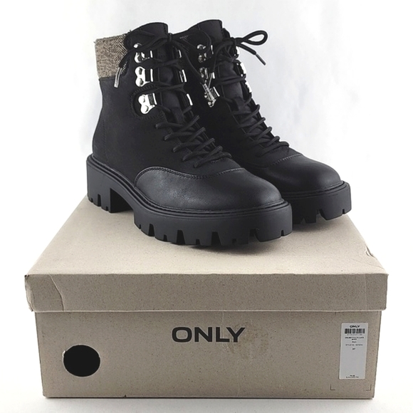 ONLY Betty Women's Black Lace-Up Faux Leather Ankle Boots  Chunky Soles Size 37 - Picture 14 of 15